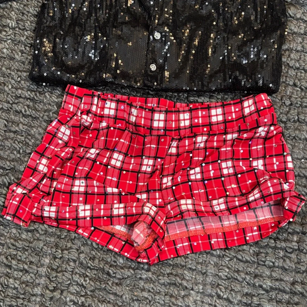 Black Sequin Jacket and Red Plaid Shorts